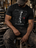 Front view of a seated model in a workshop, wearing a dark gray heather T-shirt with a white snapped bolt, technical drafting lines, and a red gauge centered on the front.