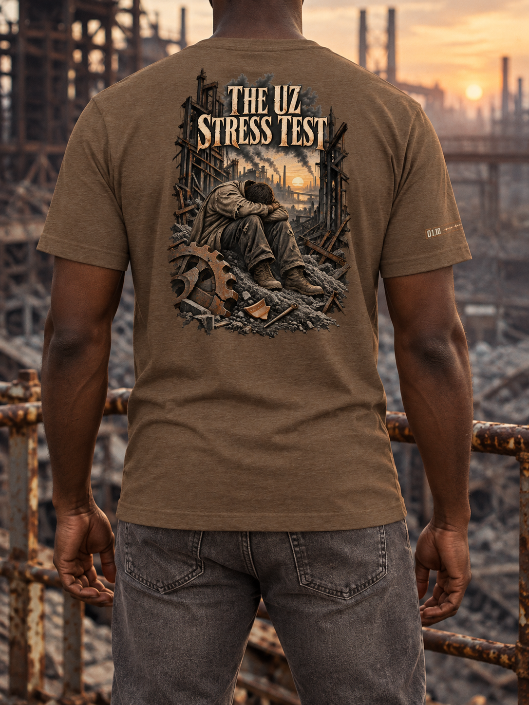 Back view of a heather brown T-shirt with THE UZ STRESS TEST above a seated figure with head bowed amid industrial ruins, rubble, and a broken gear.