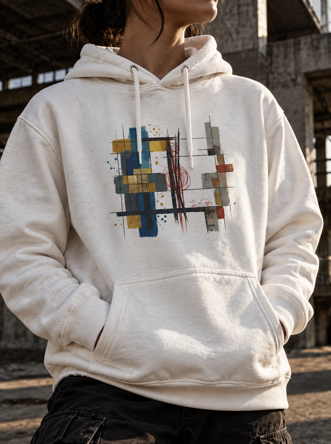 Model wearing a light-colored Lazarus Hoodie with gold, blue, grey and rust geometric artwork.