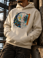 A man wearing a cream-colored hoodie with a colorful abstract graphic print on the front, leaning against a rustic concrete wall in an industrial setting.