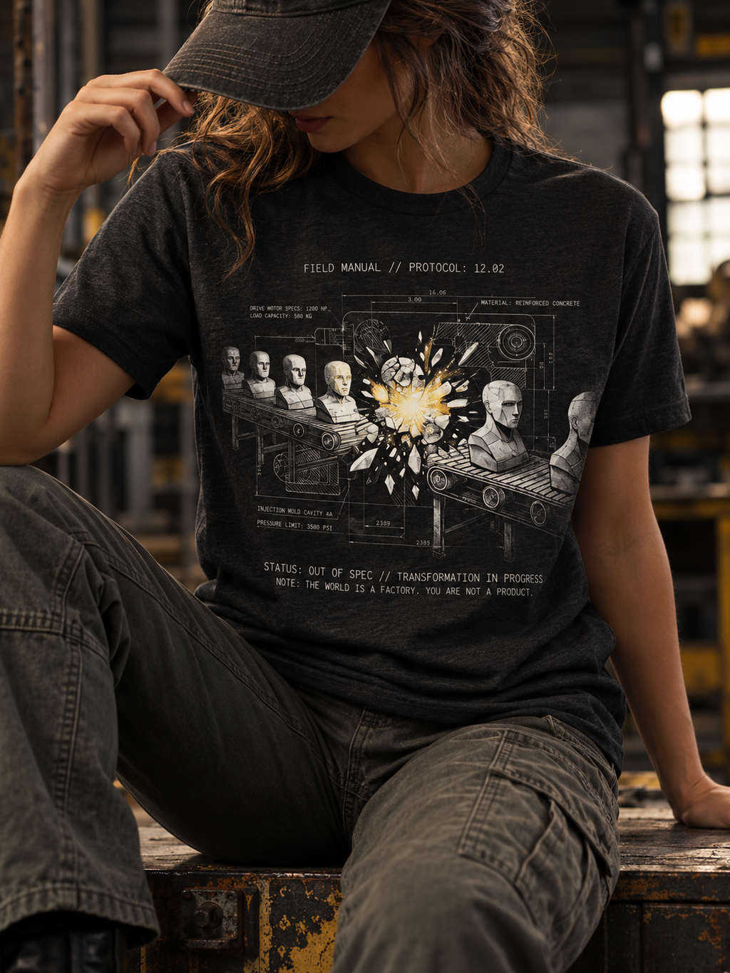 Front view of a seated model in a workshop, wearing a black heather T-shirt with conveyor belts carrying gray busts around a bright yellow burst, overlaid with technical linework centered on the front.
