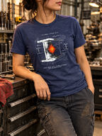 Front view of a leaning model in a workshop, wearing a heather navy T-shirt with a white I-beam, a red-orange glowing spot, and technical stress diagrams centered on the front.