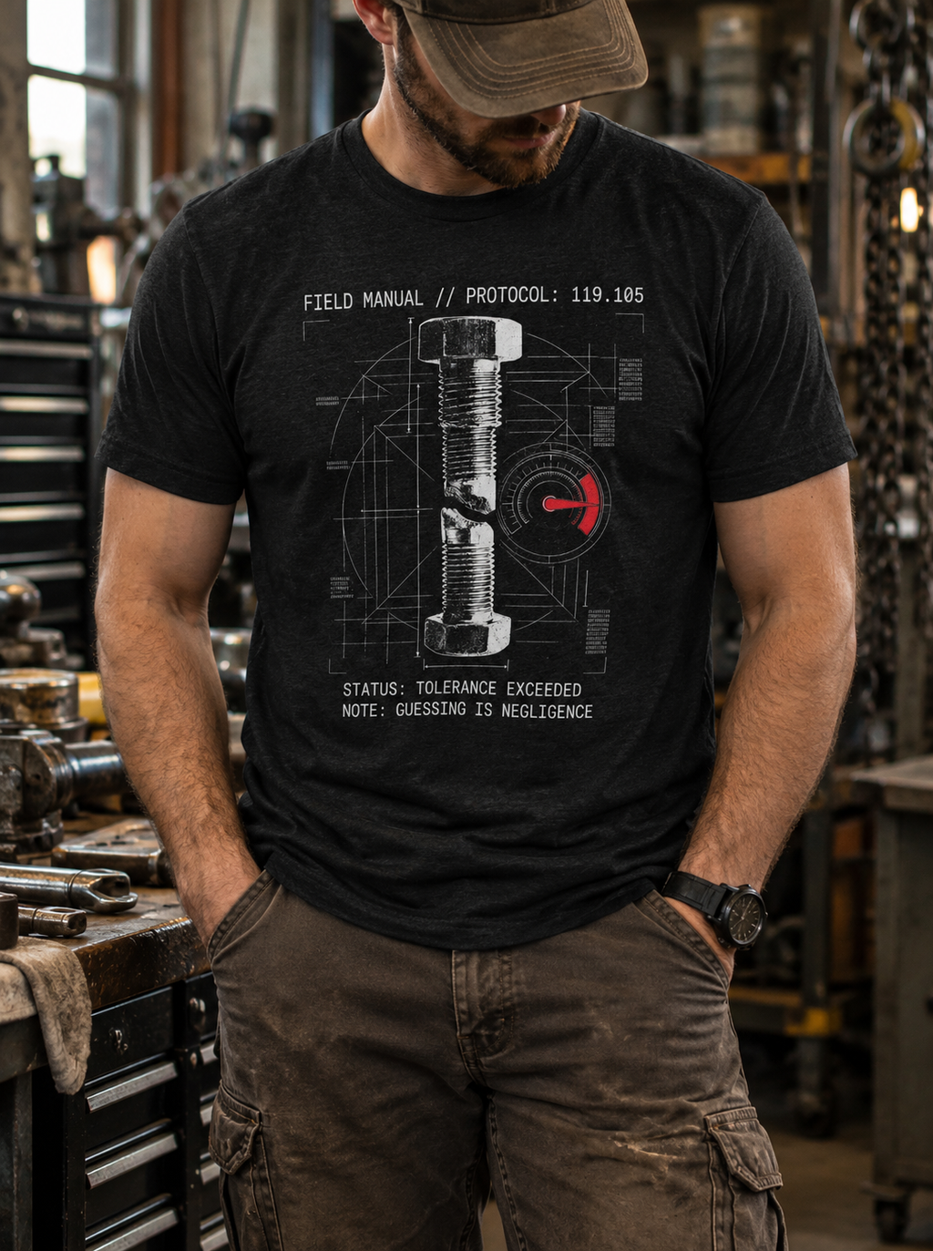 Front view of a standing model in a workshop, wearing a black heather T-shirt with a white snapped bolt, technical drafting lines, and a red gauge centered on the front.