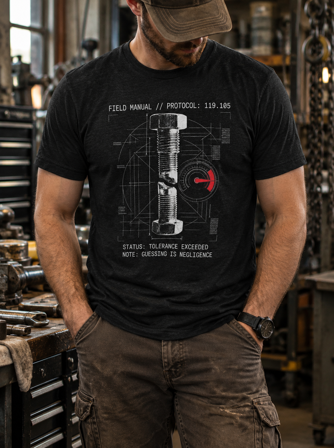 Front view of a standing model in a workshop, wearing a black heather T-shirt with a white snapped bolt, technical drafting lines, and a red gauge centered on the front.