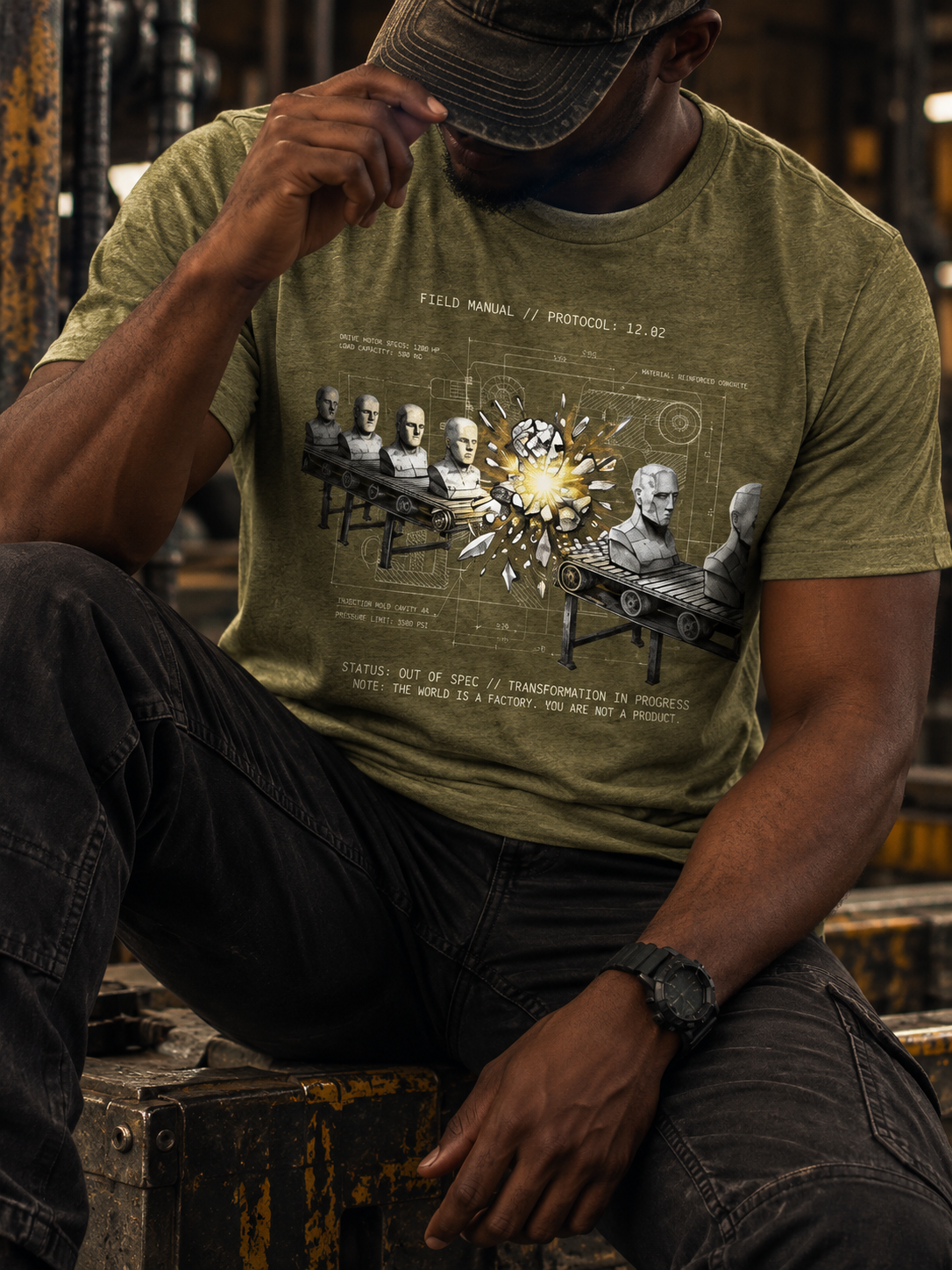 Front view of a seated model in a workshop, wearing a heather olive T-shirt with conveyor belts carrying gray busts around a bright yellow burst, overlaid with technical linework centered on the front.