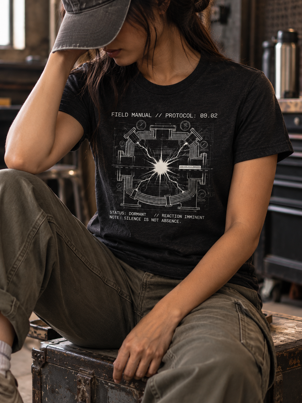 Front view of a seated model in a workshop, wearing a black heather T-shirt with a white reaction-chamber schematic surrounding a bright central spark centered on the front.