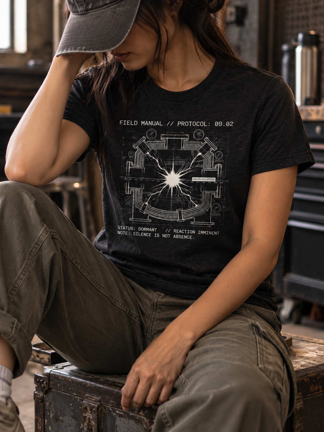 Front view of a seated model in a workshop, wearing a black heather T-shirt with a white reaction-chamber schematic surrounding a bright central spark centered on the front.