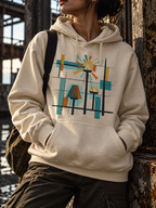 Model wearing the Oatmeal Heather Bushel Hoodie with geometric lamps, teal and gold rays, colored blocks and a black grid.