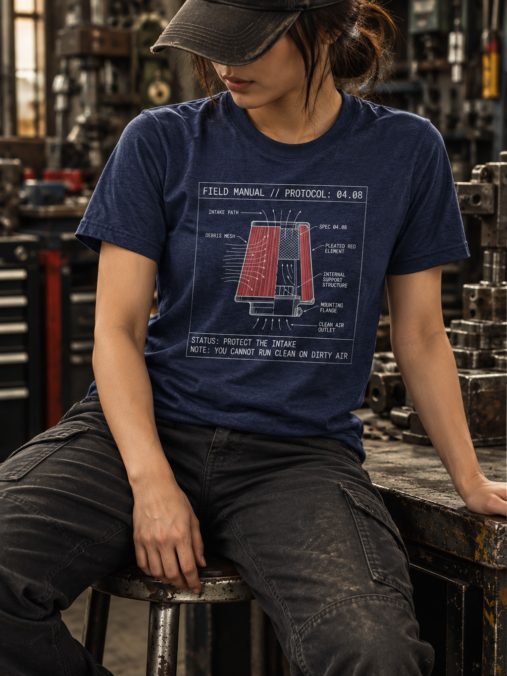 Front view of a seated model in a workshop, wearing a heather navy T-shirt with a red air-filter cutaway, white airflow arrows, and technical labels centered on the front.