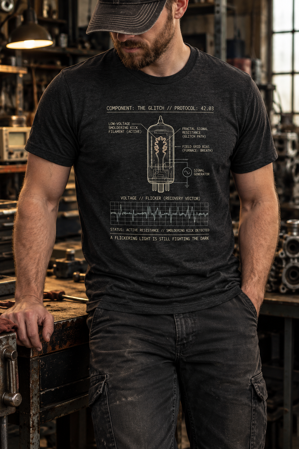 Front view of a standing model in a workshop, wearing a black heather T-shirt with a vacuum-tube diagram and a voltage waveform graph centered on the front.