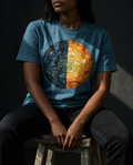 Model wearing the Heather Deep Teal Far Country Tee with split blue and gold circular artwork.