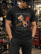 Front view of a standing model in a car garage, wearing a dark gray heather T-shirt with an orange piston and connecting rod over a red-orange temperature graph centered on the front.