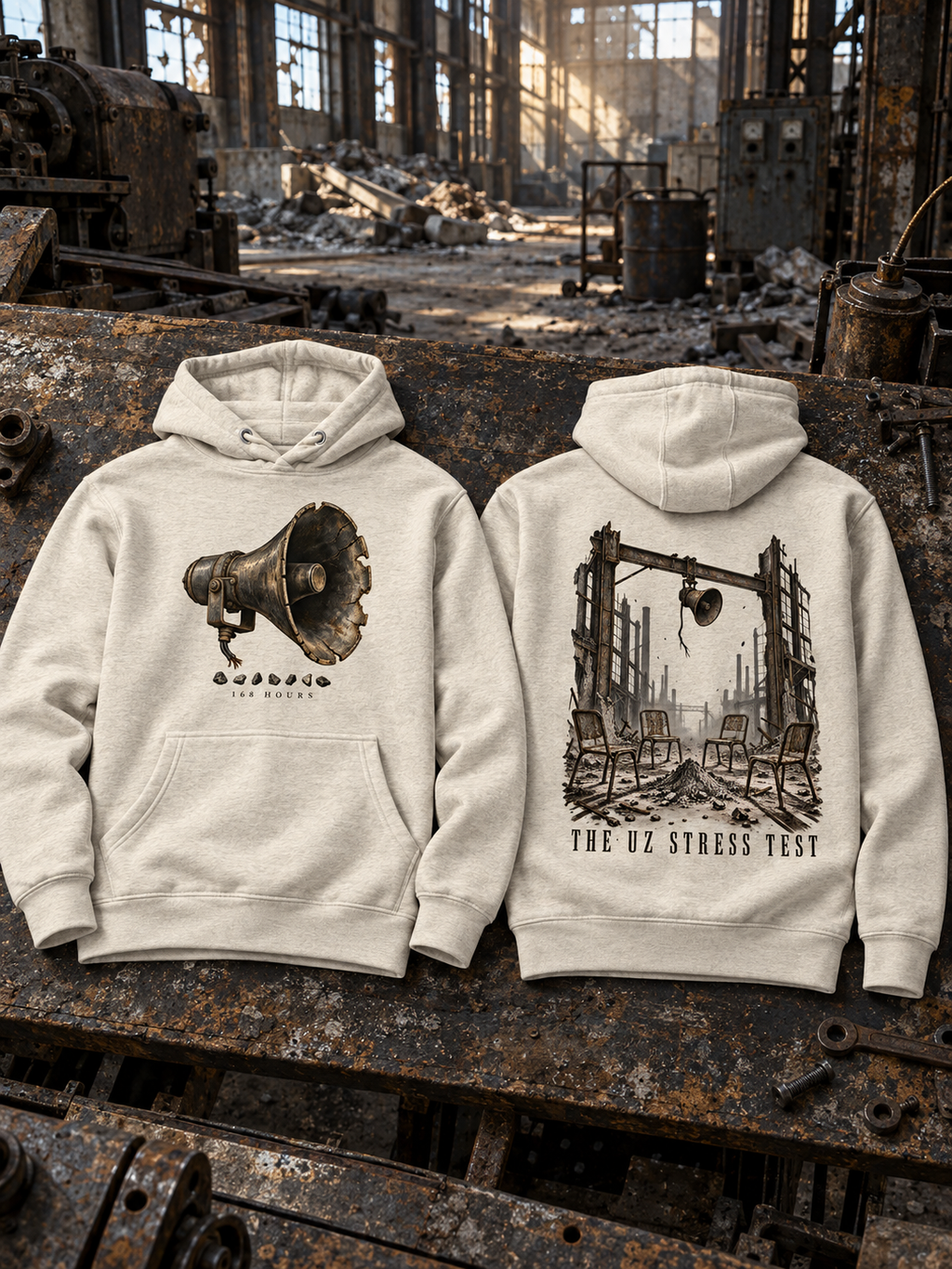 Oatmeal heather hoodies laid front and back on a rusted factory workbench; the front shows a loudspeaker and 168 HOURS, and the back shows chairs among ruins beneath THE UZ STRESS TEST.