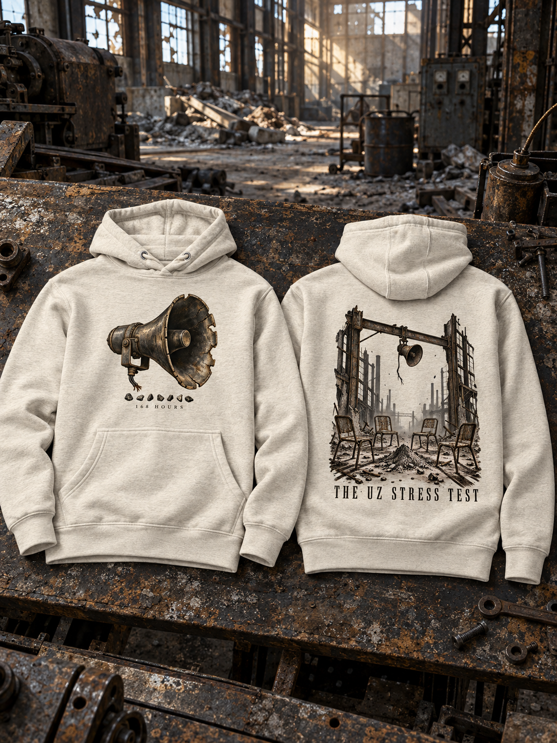 Oatmeal heather hoodies laid front and back on a rusted factory workbench; the front shows a loudspeaker and 168 HOURS, and the back shows chairs among ruins beneath THE UZ STRESS TEST.