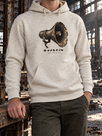 Model wearing an oatmeal heather hoodie with a weathered metal loudspeaker, small stones, and 168 HOURS printed on the front.