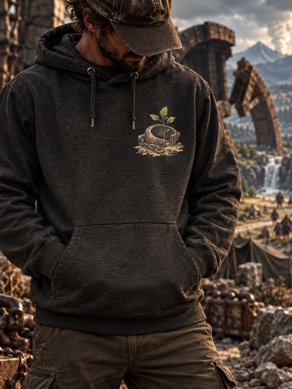Model wearing a charcoal heather hoodie with a small green sprout growing through an open metal cuff on the left chest.