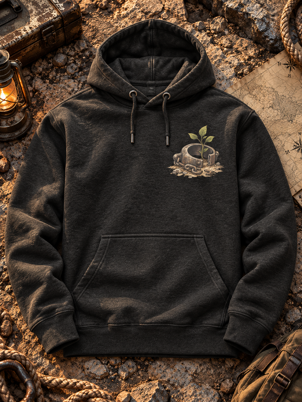 Front flat lay of a charcoal heather hoodie with a small green sprout growing through an open metal cuff on the left chest, surrounded by maps, rope, and a lantern.