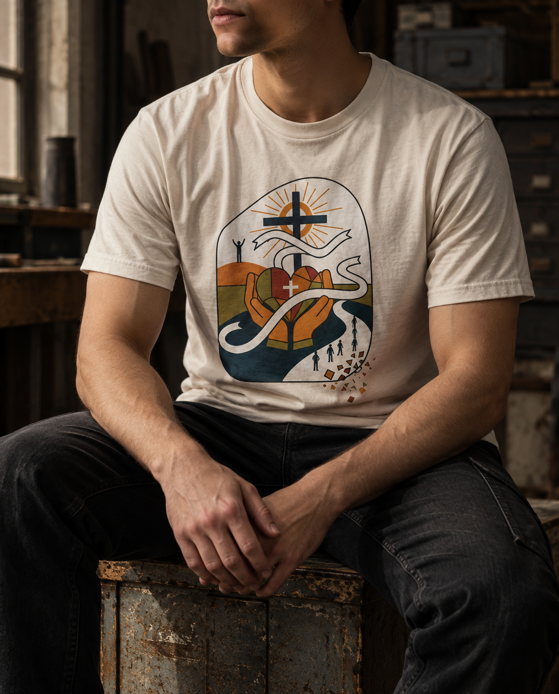 Model wearing the Soft Cream Lean Not Tee with hands, geometric heart, winding white path and cross artwork on the front.