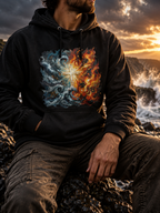 A man wearing a black hoodie with a split graphic design showing blue water and orange fire, sitting on rocks by the ocean at sunset.