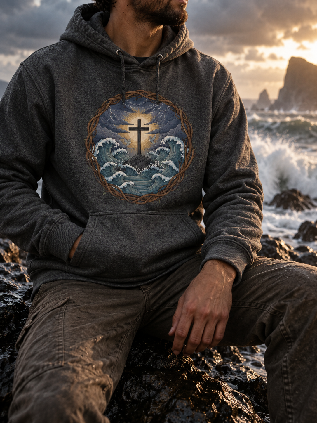 Model wearing the Charcoal Heather Trouble Hoodie with cross above storm waves within a thorn border.