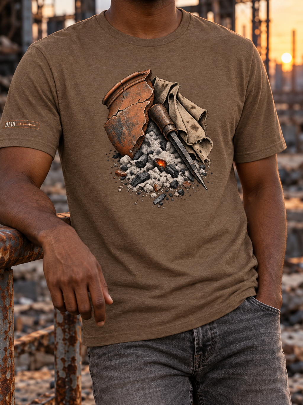 Model wearing a heather brown T-shirt with a broken terracotta pot, draped cloth, a pointed metal tool, and ash with a glowing ember on the front.