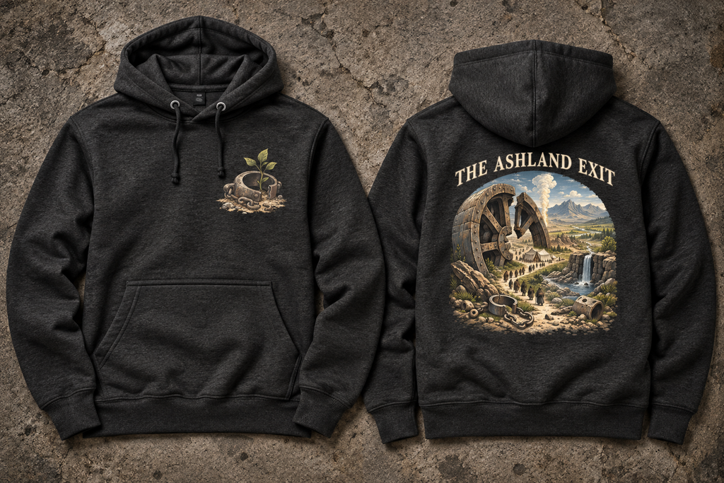 Charcoal heather hoodies laid front and back on stone; the front has a sprout in an open metal cuff, and the back shows THE ASHLAND EXIT above a stone wheel, figures, and waterfalls.