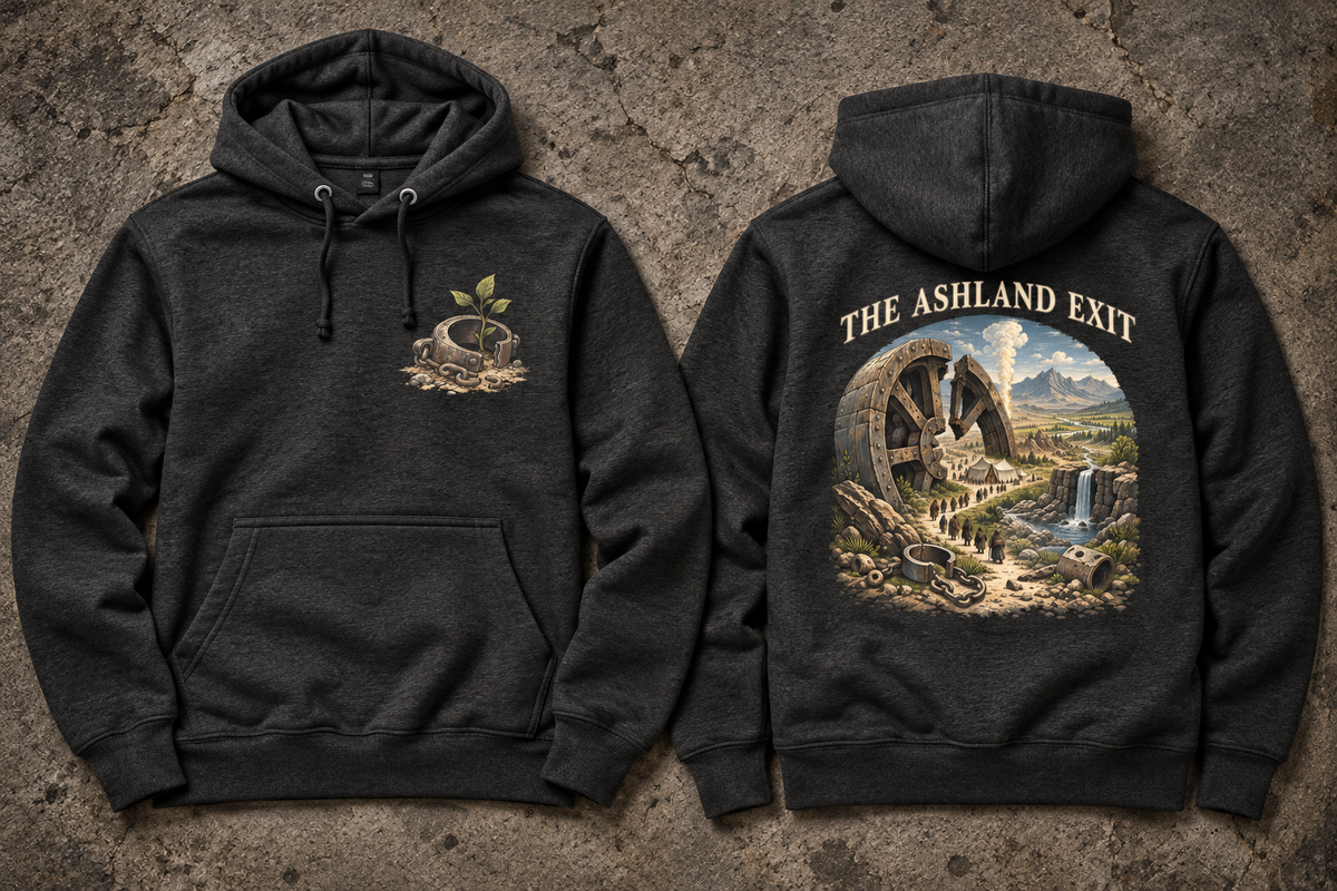Charcoal heather hoodies laid front and back on stone; the front has a sprout in an open metal cuff, and the back shows THE ASHLAND EXIT above a stone wheel, figures, and waterfalls.