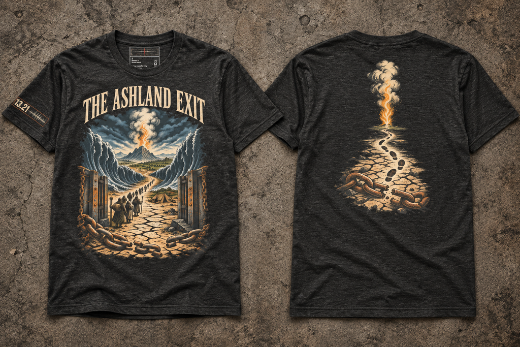 Charcoal heather T-shirts laid front and back on concrete; THE ASHLAND EXIT fronts a scene of figures between blue waves, while the back shows footprints, broken chains, and a column of fire and smoke.