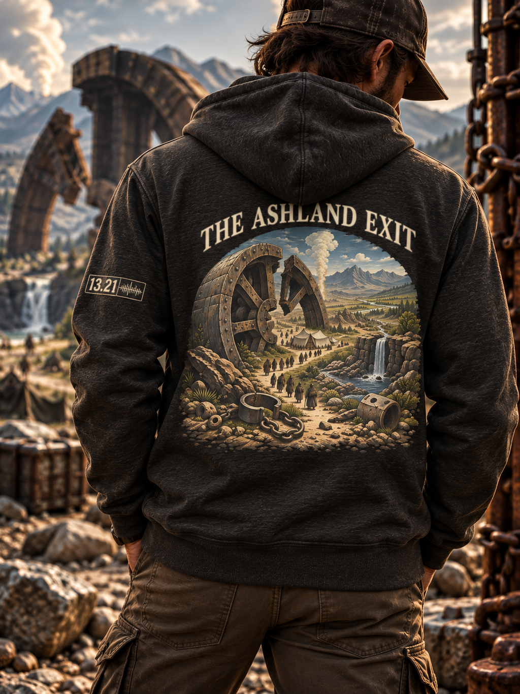 Back view of a charcoal heather hoodie with THE ASHLAND EXIT above a large stone wheel, a procession of figures, waterfalls, and broken metal cuffs.
