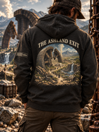 Back view of a charcoal heather hoodie with THE ASHLAND EXIT above a large stone wheel, a procession of figures, waterfalls, and broken metal cuffs.