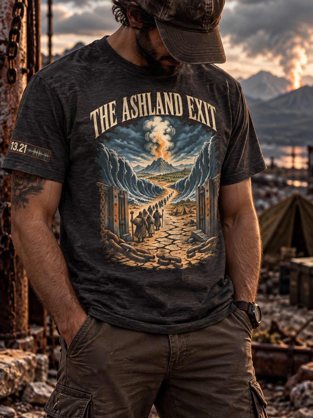 Model wearing a charcoal heather T-shirt with THE ASHLAND EXIT above robed figures on a cracked path, towering blue waves, broken chains, and a distant column of fire and smoke.