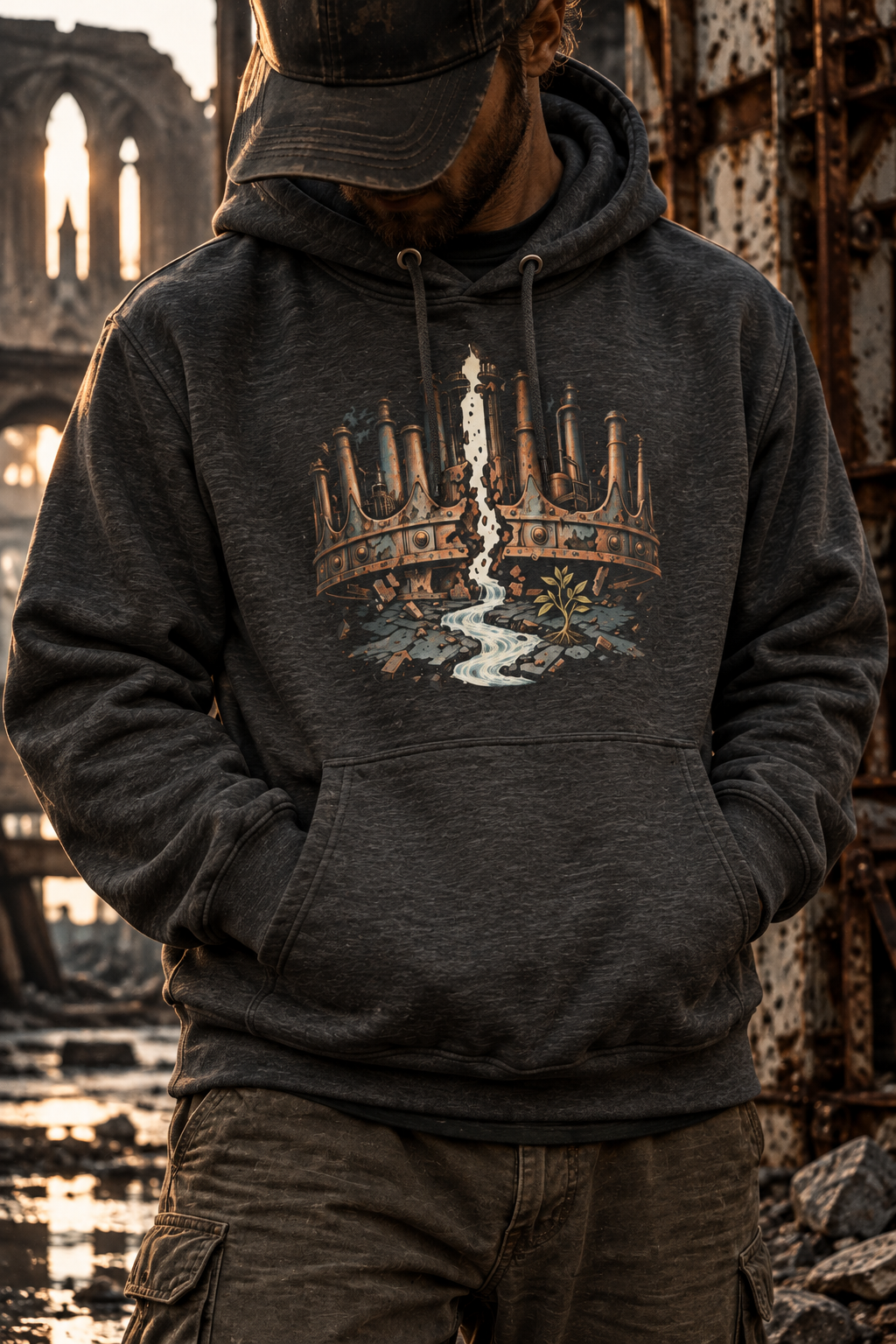 Model wearing a charcoal heather hoodie with a split copper-colored crown, a white stream, and a small leafy sprig on the front.