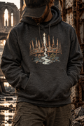 Model wearing a charcoal heather hoodie with a split copper-colored crown, a white stream, and a small leafy sprig on the front.
