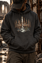 Model wearing a charcoal heather hoodie with a split copper-colored crown, a white stream, and a small leafy sprig on the front.