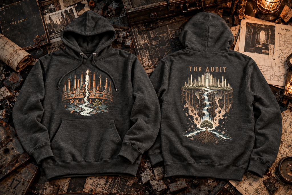 Charcoal heather hoodies laid front and back on maps; the front shows a split crown and stream, and the back shows THE AUDIT above a cutaway city, waterfall, and rooted tree.