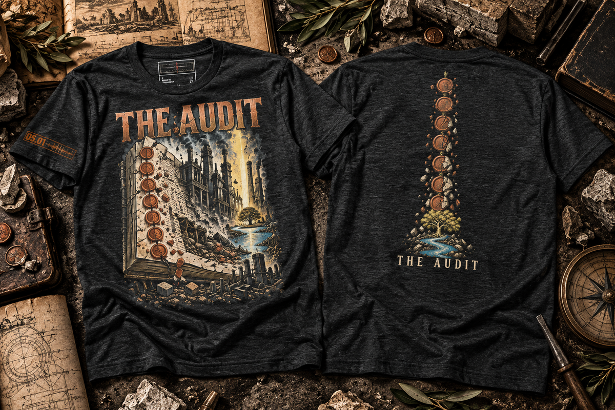 Charcoal heather T-shirts laid front and back on maps; the front shows THE AUDIT above a ledger and industrial ruins, and the back shows copper-colored discs above a tree and stream.