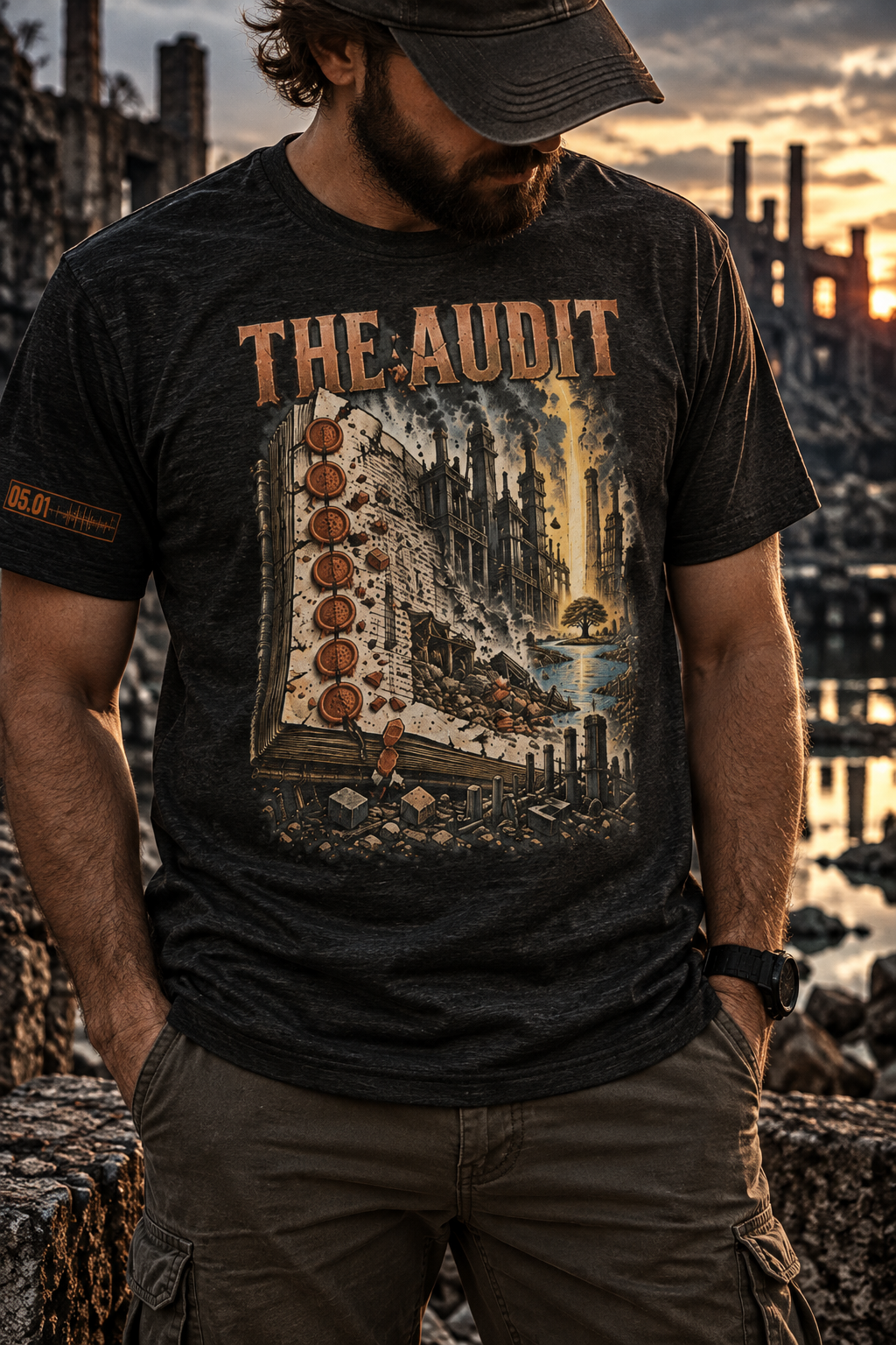Model wearing a charcoal heather T-shirt with THE AUDIT above an open ledger, copper-colored seals, industrial ruins, and a blue stream.