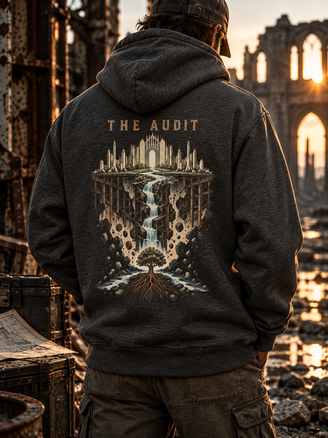 Back view of a charcoal heather hoodie with THE AUDIT above a cutaway city, cascading water, copper-colored discs, and a tree with exposed roots.