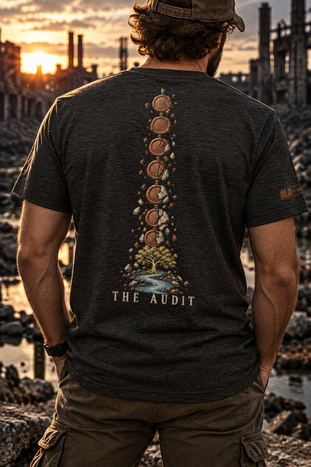 A man viewed from behind wearing a dark heather gray t-shirt with a large vertical graphic on the back showing a tree growing from stacked coins, with 'THE AUDIT' printed below. The background is a blurred industrial landscape at sunset.