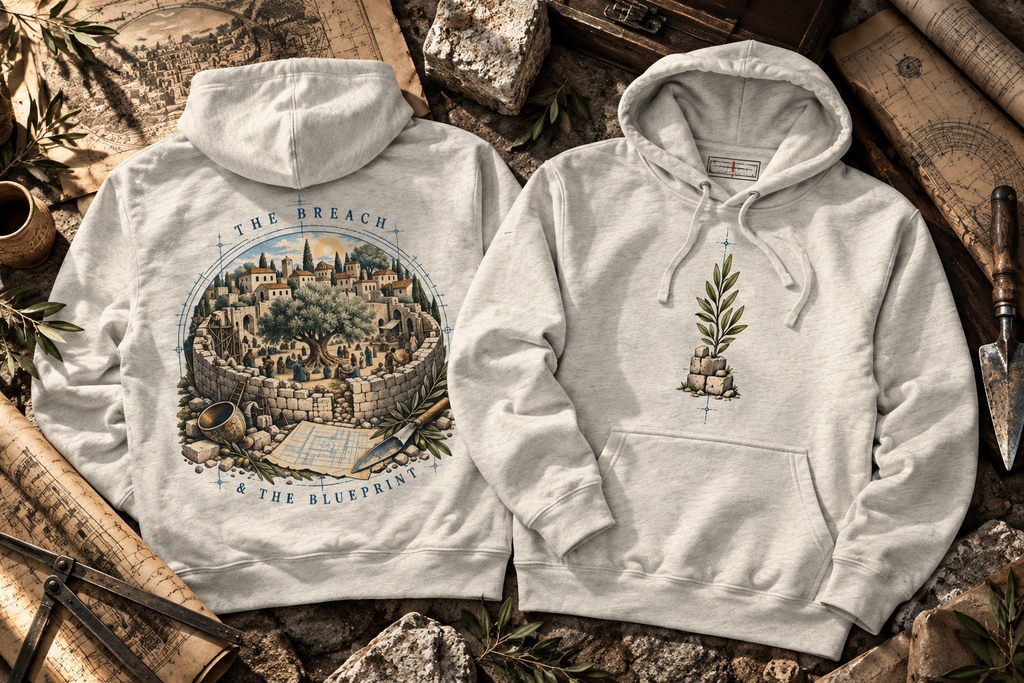 Oatmeal heather hoodies laid back and front on maps; the back shows a walled town and tree labeled THE BREACH & THE BLUEPRINT, and the front shows a sprig growing from stones.