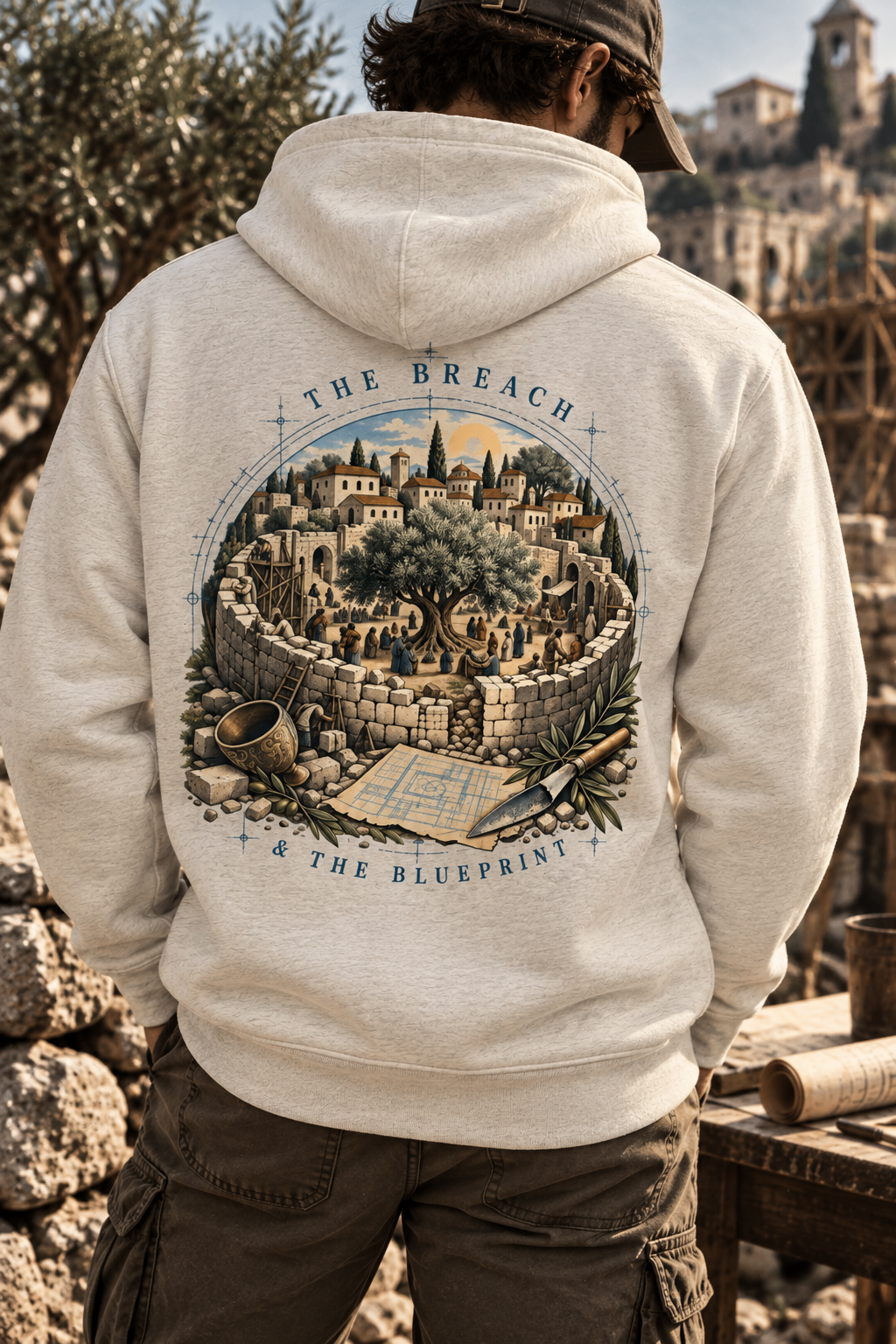 Back view of an oatmeal heather hoodie with a circular walled-town illustration, a central tree, blueprint papers, and THE BREACH & THE BLUEPRINT lettering.