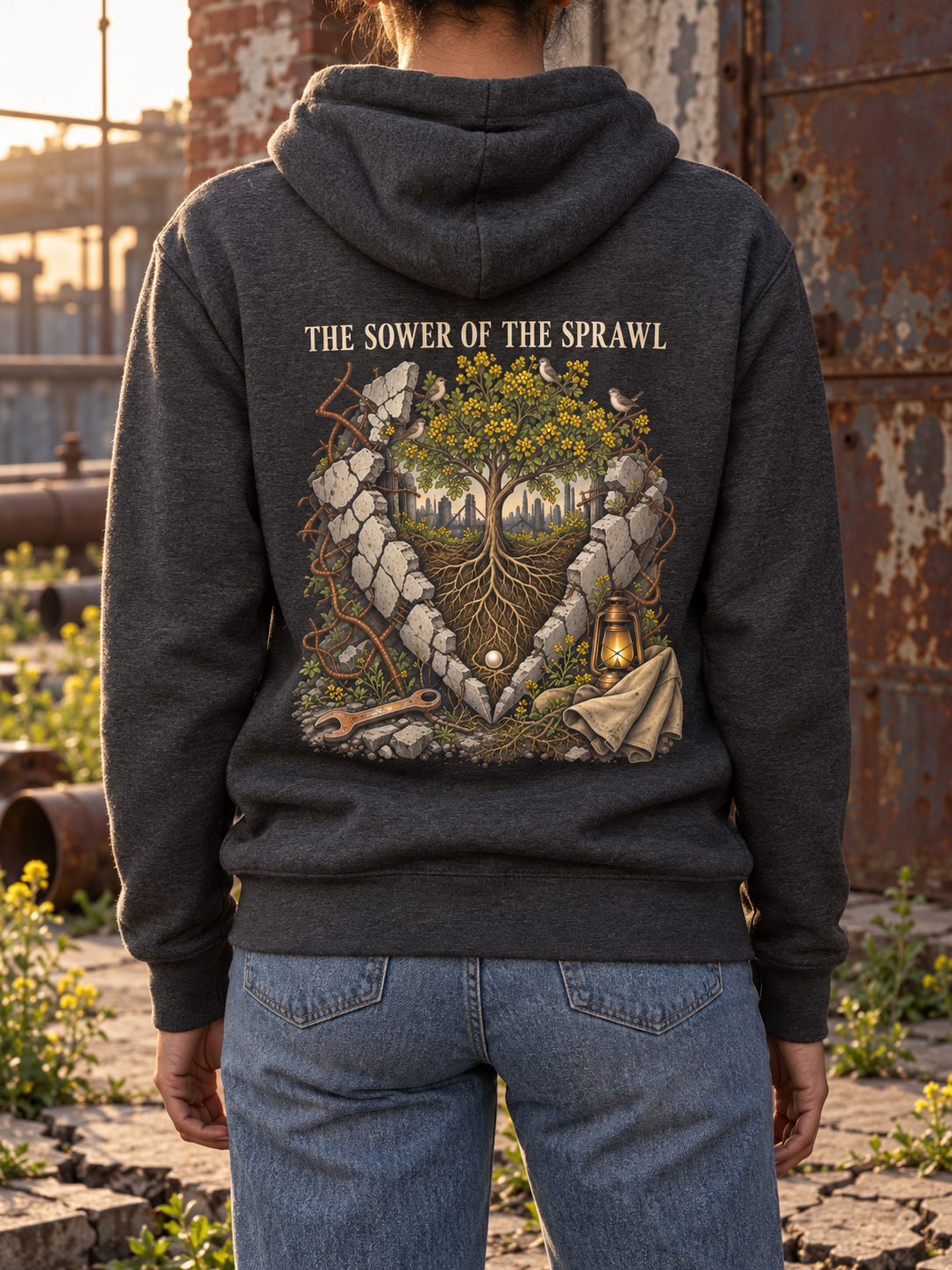 Back view of a charcoal heather hoodie with THE SOWER OF THE SPRAWL above a flowering tree, exposed roots, broken concrete, birds, and a lantern.