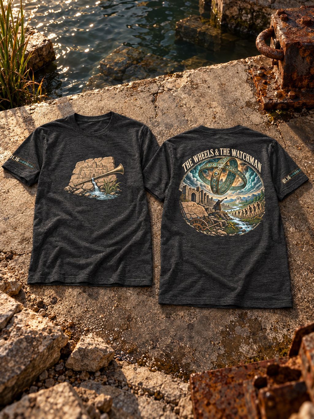 Charcoal heather T-shirts laid front and back beside water; the front shows a trumpet and cracked tablet, and the back shows eye-studded rings above THE WHEELS & THE WATCHMAN landscape artwork.