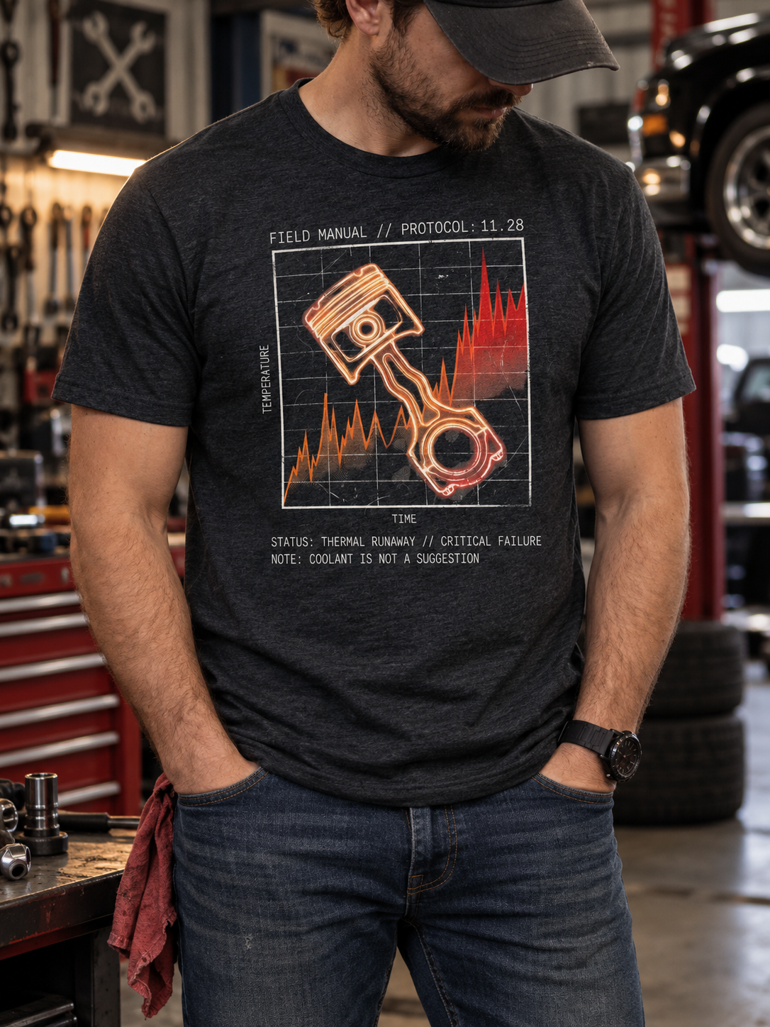 Front view of a standing model in a car garage, wearing a black heather T-shirt with an orange piston and connecting rod over a red-orange temperature graph centered on the front.