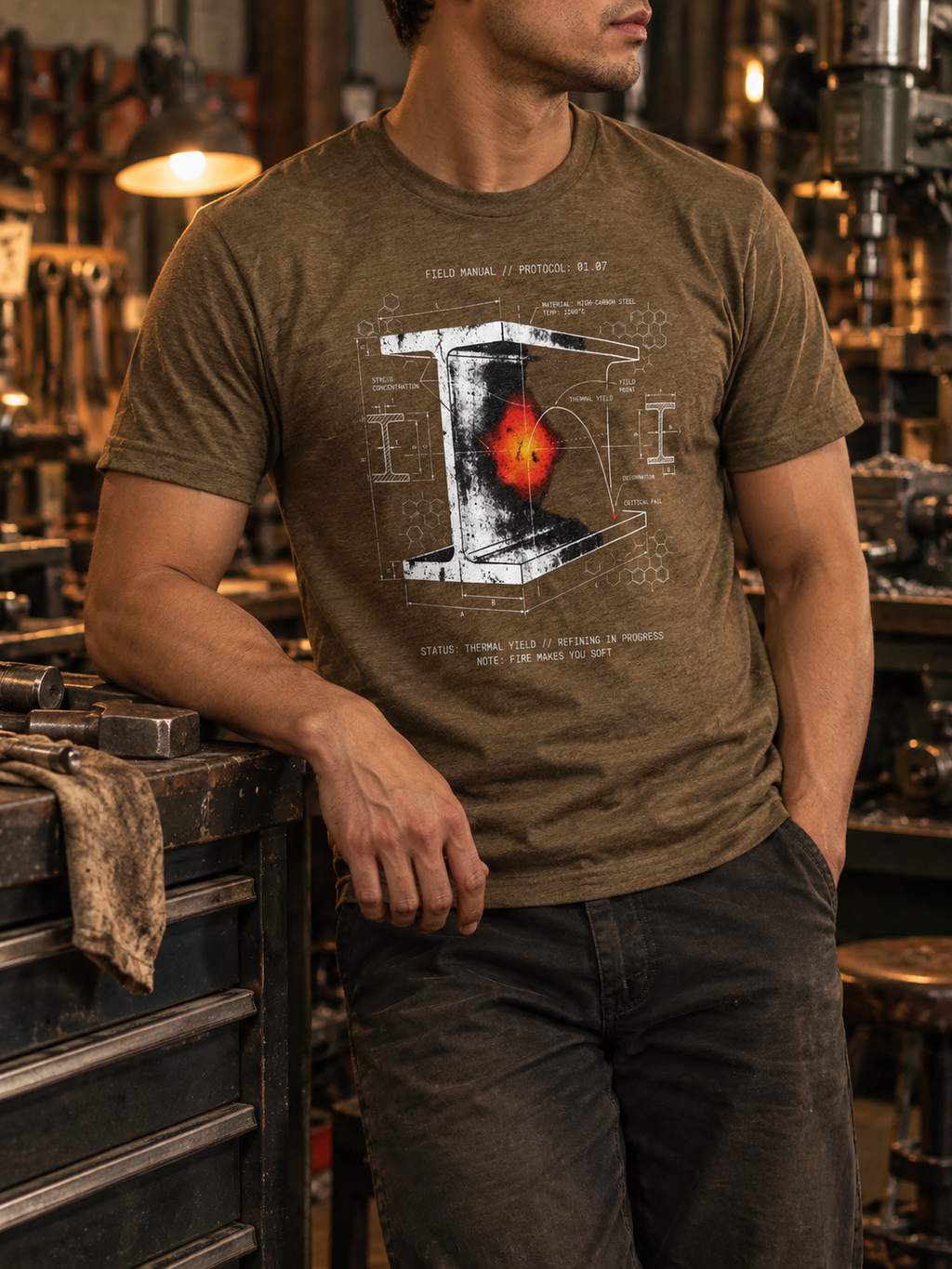 Front view of a standing model in a workshop, wearing a heather brown T-shirt with a white I-beam, a red-orange glowing spot, and technical stress diagrams centered on the front.