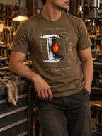 Front view of a standing model in a workshop, wearing a heather brown T-shirt with a white I-beam, a red-orange glowing spot, and technical stress diagrams centered on the front.