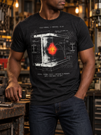Front view of a standing model in a workshop, wearing a black heather T-shirt with a white I-beam, a red-orange glowing spot, and technical stress diagrams centered on the front.