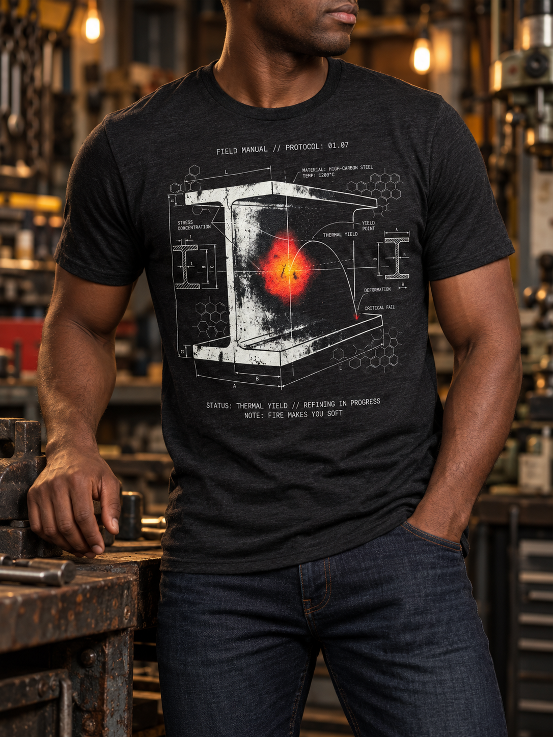 Front view of a standing model in a workshop, wearing a black heather T-shirt with a white I-beam, a red-orange glowing spot, and technical stress diagrams centered on the front.