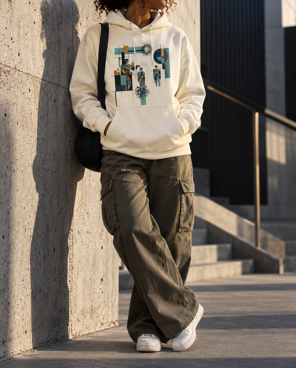 Model wearing the cream-colored Insolvent Hoodie with geometric creditor and debtor figures, stacked gold and tangled black lines.