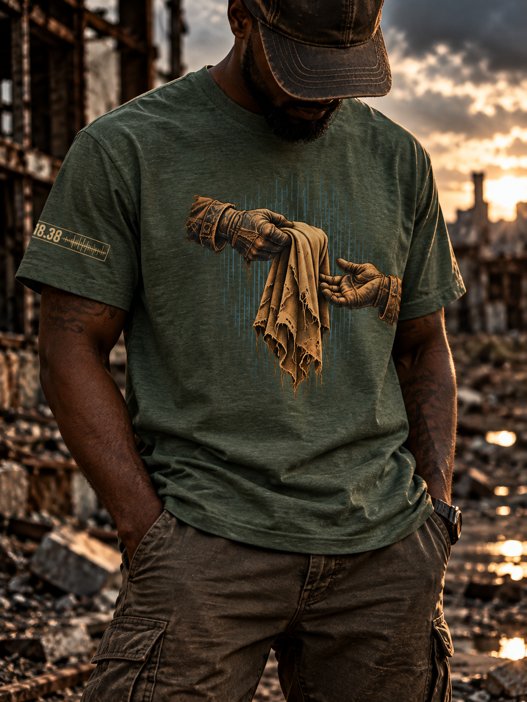 A man wearing an olive green graphic t-shirt with a distressed design of two hands holding a torn cloth, set against a ruined cityscape at sunset.